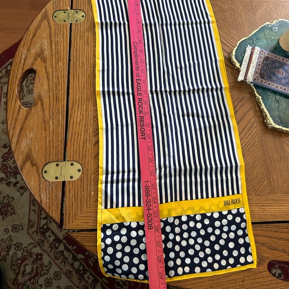 Vintage BILL BLASS Blue & Yellow Striped and Polka Dot Silk Scarf - Picture 10 of 11